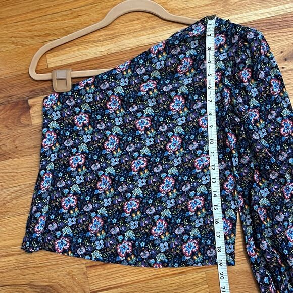 S, Frame Denim Floral Print One Shoulder Top with puff sleeve coastal blue multi - Picture 13 of 14